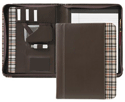 brown leather zippered padfolio with plaid fabric trim